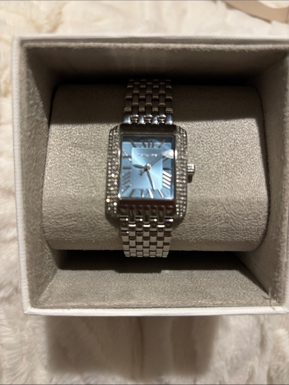 Michael Kors Silver Bracelet Watch with Blue Dial and Crystal Accents